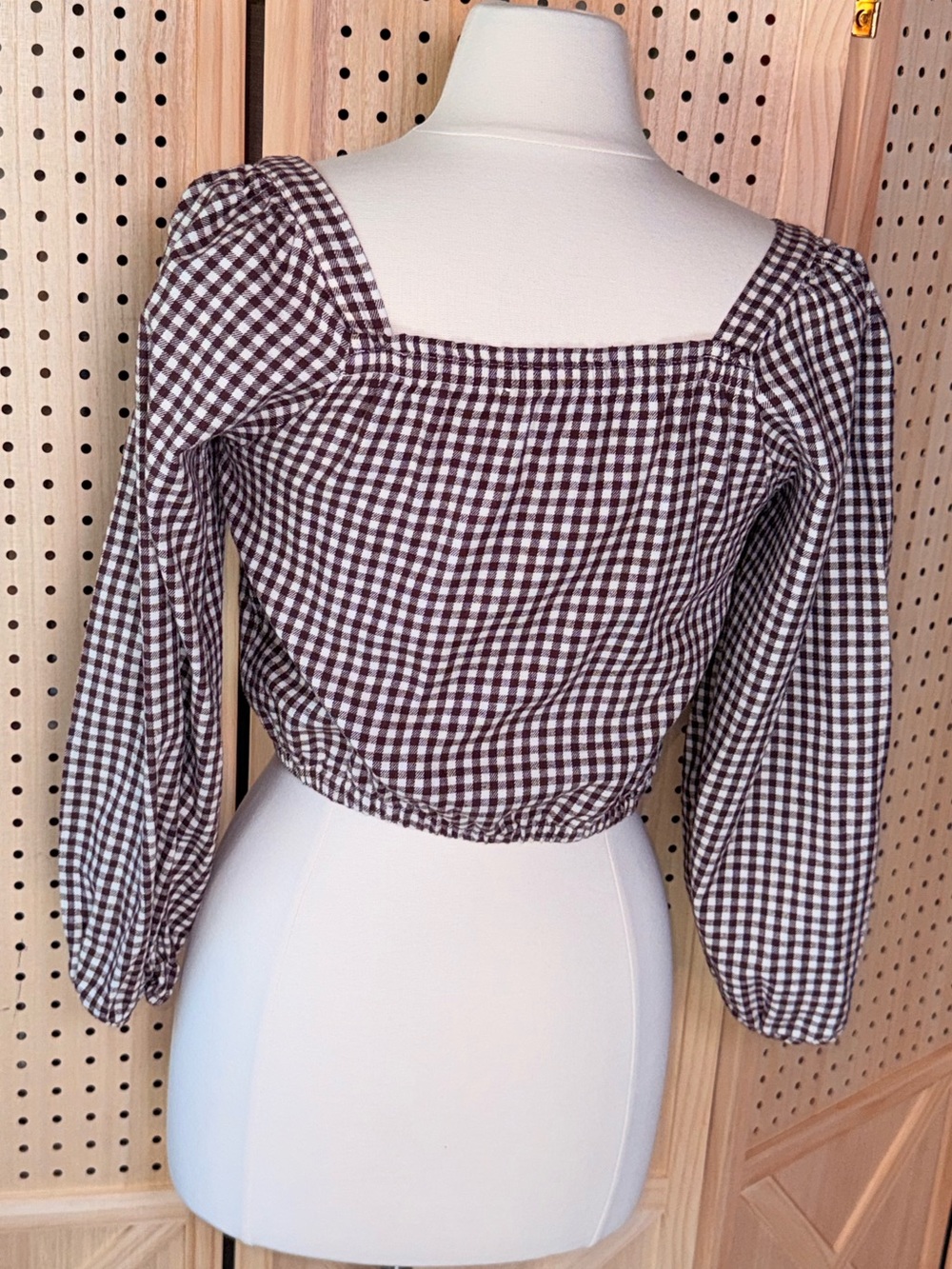 Madewell XXS Brown Gingham Crop Top Cottagecore Puff Sleeve Button Front Cotton - Picture 5 of 11
